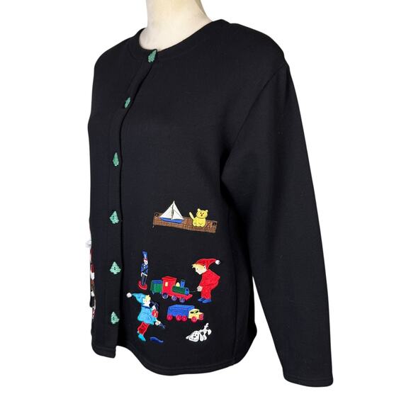 Karen Scott Black Christmas Embroidered and Embellished Button Up Cardigan - Picture 7 of 11